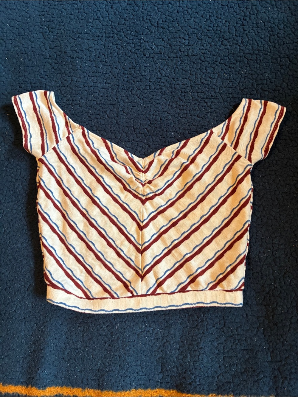 Stone row Striped Off-Shoulder Crop Top in Cream and Burgundy